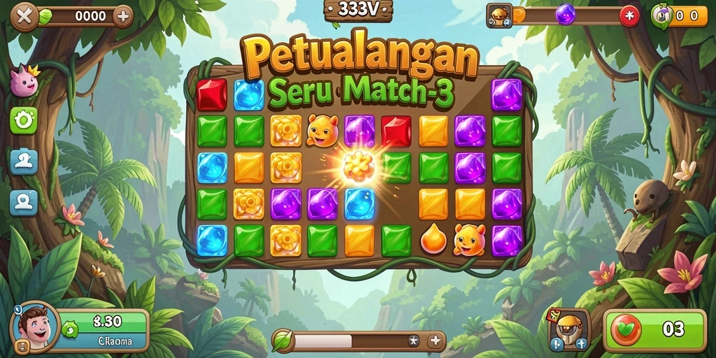 Screenshot utama gameplay Match-3 yang menampilkan kombinasi permata.