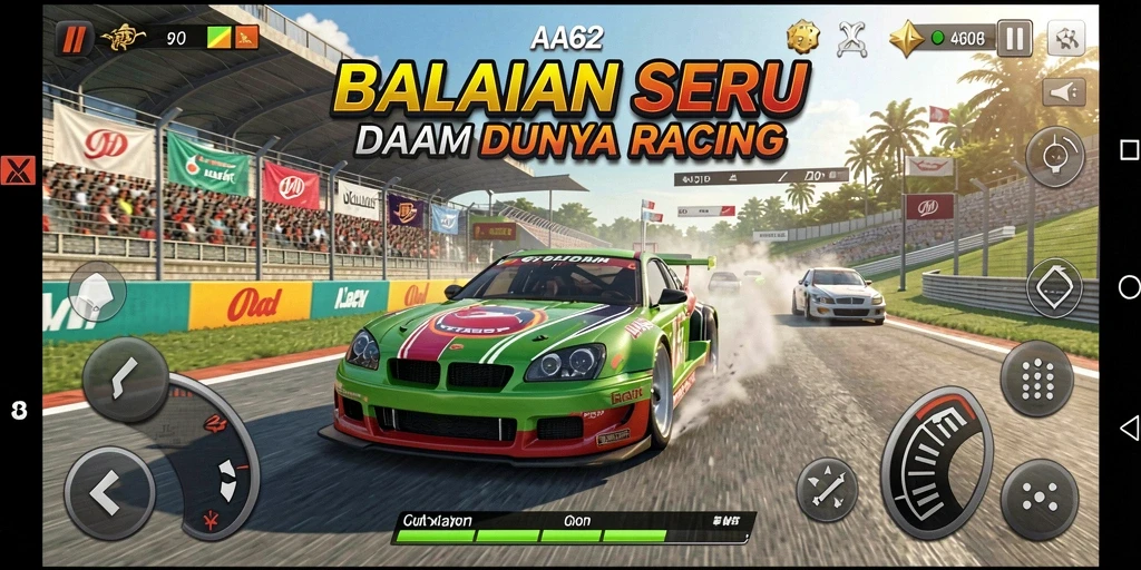 Screenshot gameplay AA62 menunjukkan aksi balap yang menegangkan.
