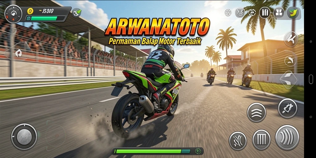 Screenshot utama ARWANATOTO menampilkan aksi balapan motor yang mendebarkan.
