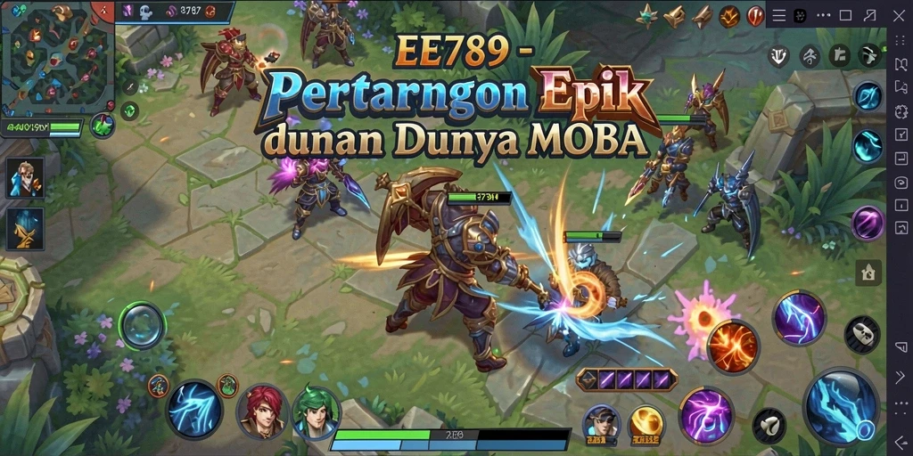 Tampilan gameplay seru dari EE789 yang menampilkan aksi MOBA yang mendebarkan.