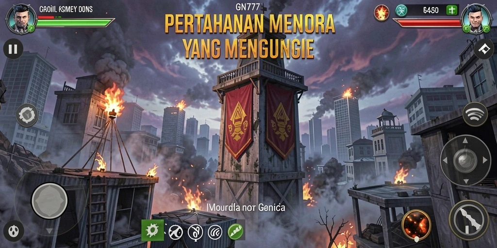 Tampilan menara dan musuh dalam GN777 yang menegangkan.