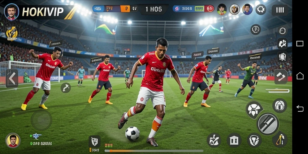 Screenshot gameplay HOKIVIP dengan aksi seru di lapangan sepak bola.