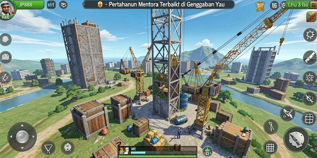 Screenshot gameplay menunjukkan strategi dan menara yang beragam.