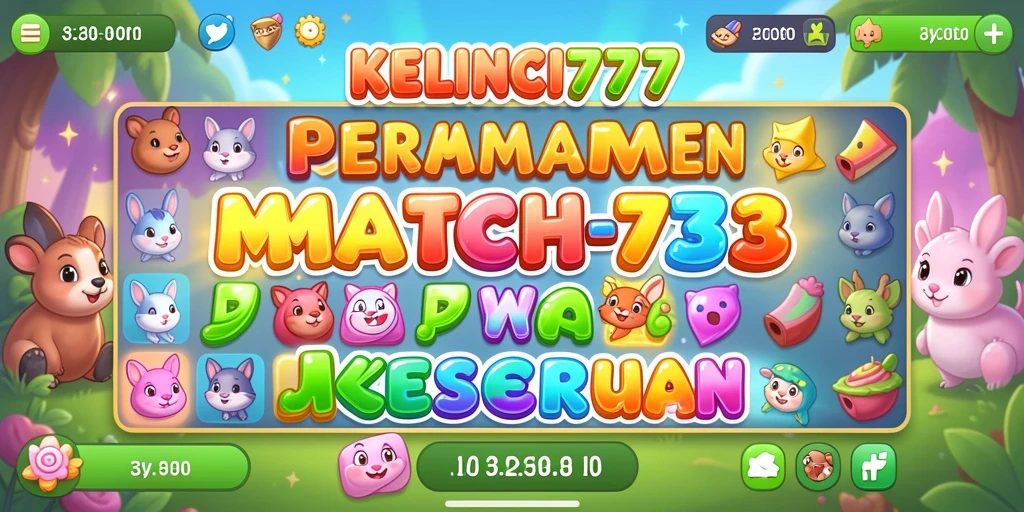 Tampilan gameplay KELINCI777 dengan elemen Match-3 yang cerah.