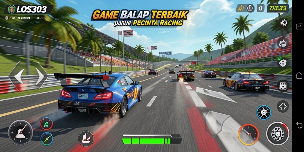 Gameplay Racing seru dengan mobil yang cepat dan lintasan menantang.