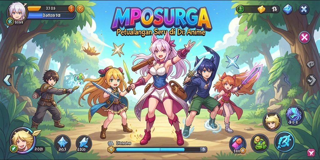 Tampilan utama gameplay MPOSURGA yang penuh dengan karakter anime.