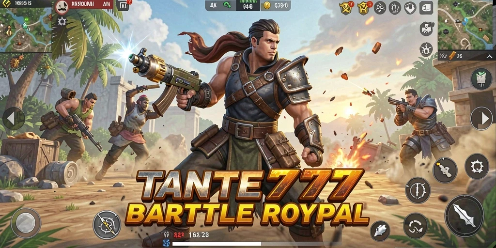Screenshot utama TANTE777 menunjukkan aksi seru gameplay Battle Royale.
