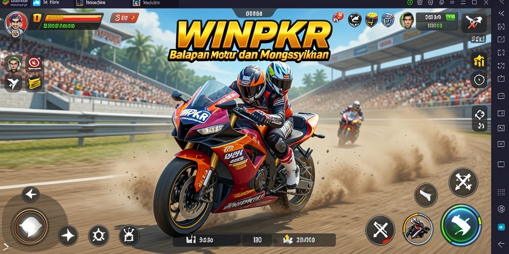 Screenshot gameplay WINPKR yang menampilkan aksi balapan motor yang intens.