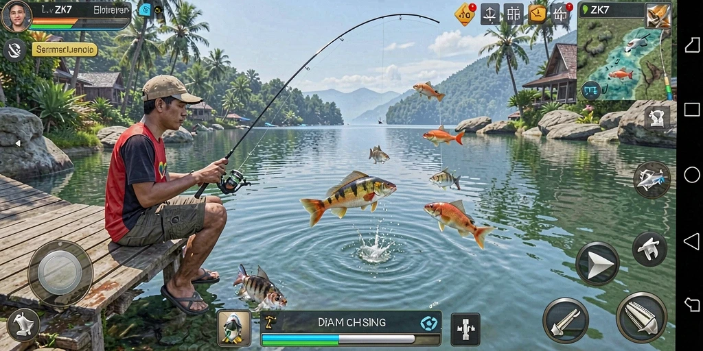 Screenshot ZK7 menunjukkan momen mendebarkan saat memancing di danau yang indah.